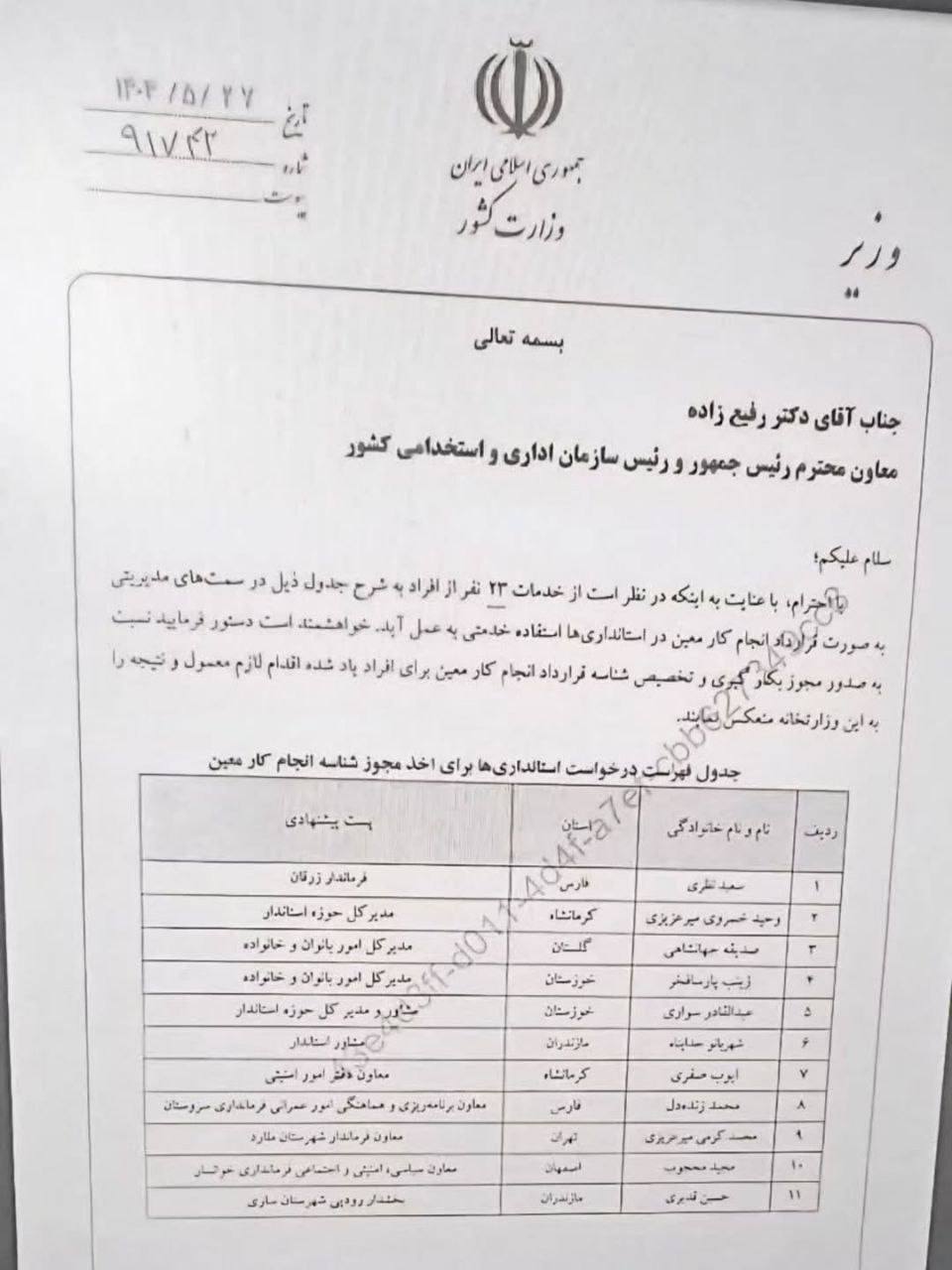 مکاتبه و درخواست وزیر کشور از رئیس سازمان اداری و استخدامی جهت جذب و بکارگیری افرادی خاص برای مشاغل مدیریتی