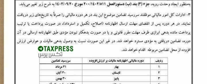دستورالعمل اصلاحی سررسید تضامین مالیات بر ارزش افزوده - سازمان امور مالیاتی