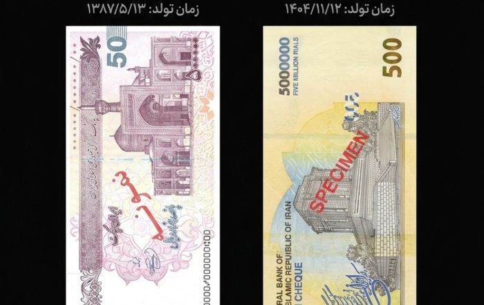 تصویر ایران‌چک ۵۰۰ هزار تومانی جدید در مقایسه با اسکناس‌های قدیمی و نمودار کاهش ارزش پول