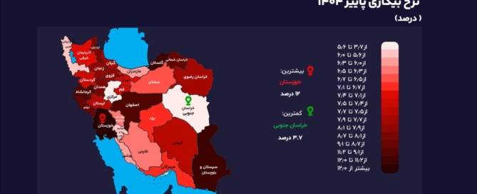 نقشه ایران با رنگ‌بندی متفاوت برای نمایش بالاترین و پایین‌ترین نرخ بیکاری در استان‌ها