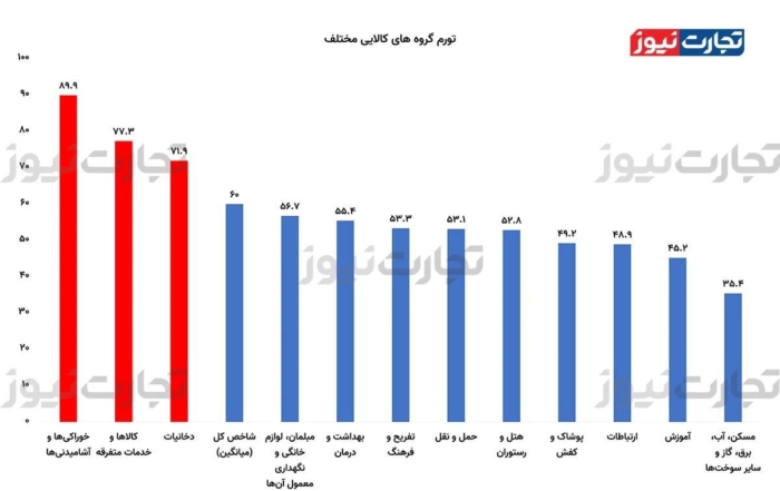 نمودار تورم و افزایش ۹۰ درصدی قیمت خوراکی‌ها در دی‌ماه ۱۴۰۴