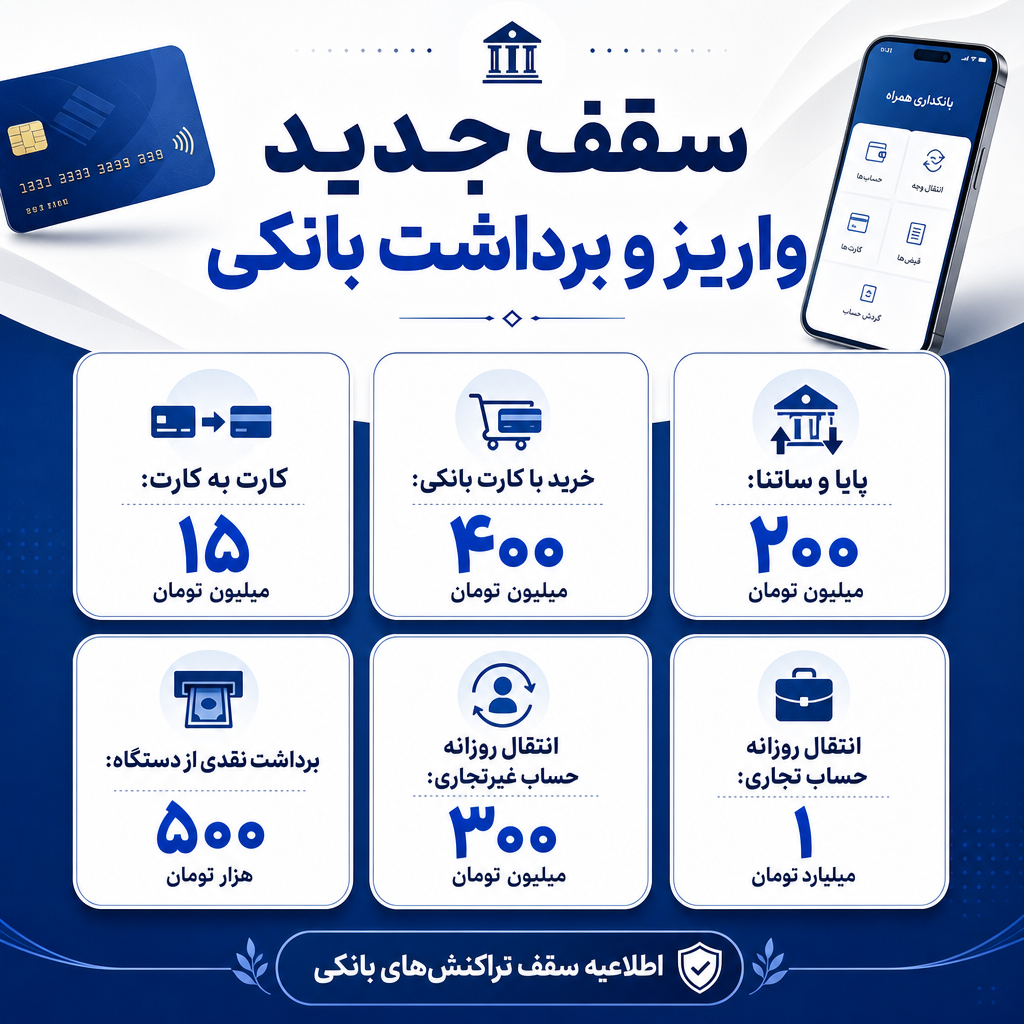 اینفوگرافی سقف جدید واریز و برداشت بانکی شامل کارت‌به‌کارت، خرید با کارت، پایا، ساتنا و برداشت نقدی